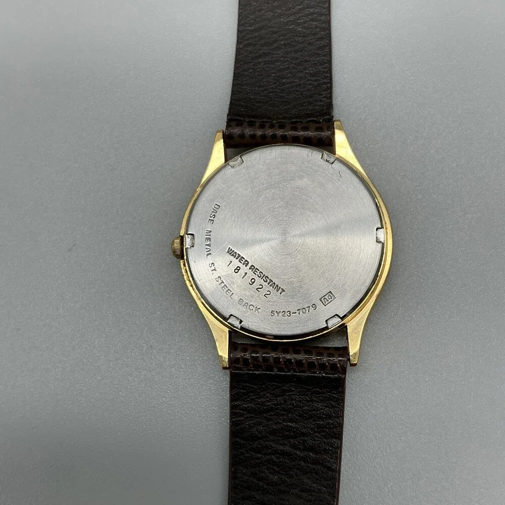 Vintage Seiko Mens Watch 34mm Gold Tone Leather Day Date 5Y23-7079 New Battery
